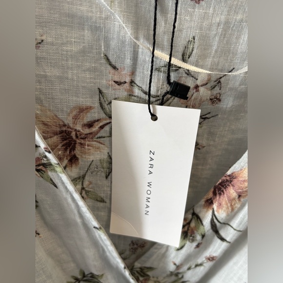 Zara 100% Linen Floral Peplum Wrap Top Sz S Tie Waist Flutter Flare Sleeves NWT| - Picture 7 of 13